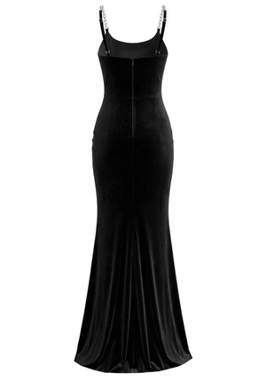 Crystal Straps Maxi Velvet Dress Black