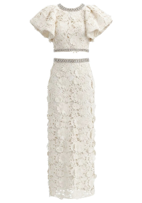 Crystal Floral Crochet Two Piece Maxi Dress Ivory