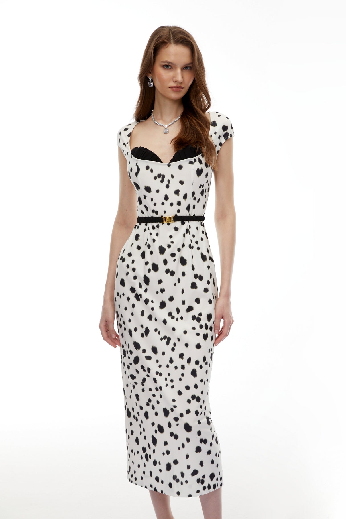 Aurohaya Cyrus White Leopard Polka Midi Dress
