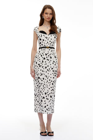 Aurohaya Cyrus White Leopard Polka Midi Dress