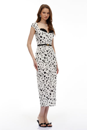 Aurohaya Cyrus White Leopard Polka Midi Dress