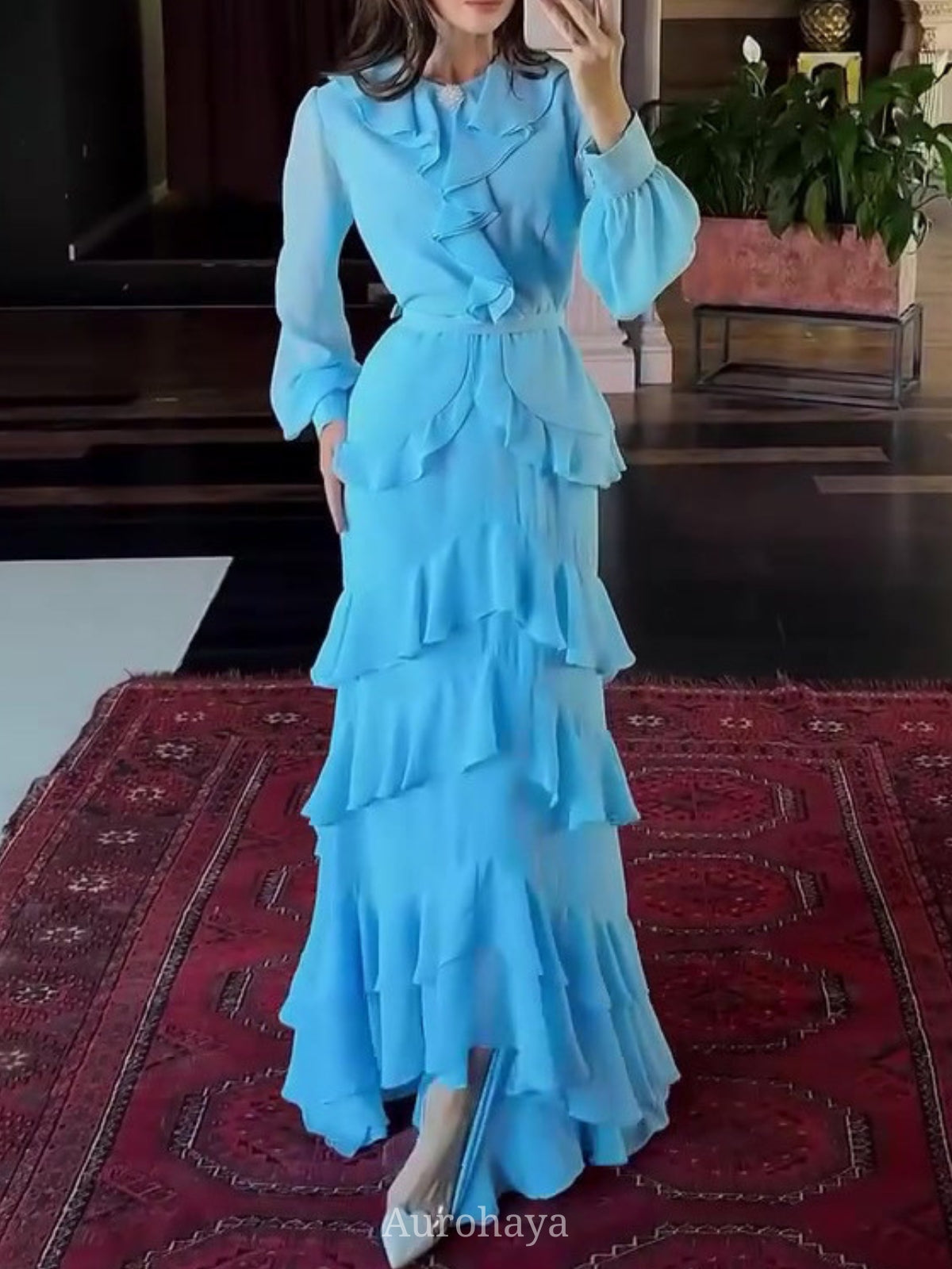 Round Neck Rhinestone Ruffled Chiffon Evening Dress, DES110