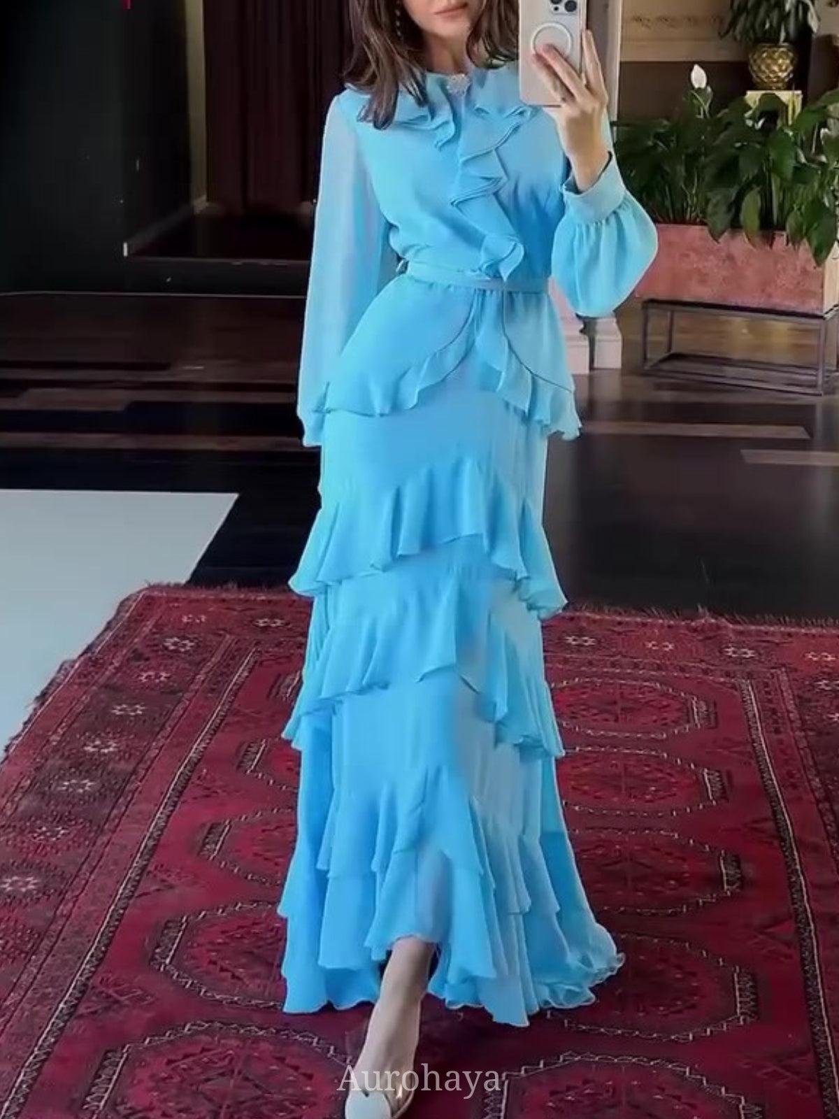 Aurohaya Round Neck Rhinestone Ruffled Chiffon Evening Dress, DES110 Blue