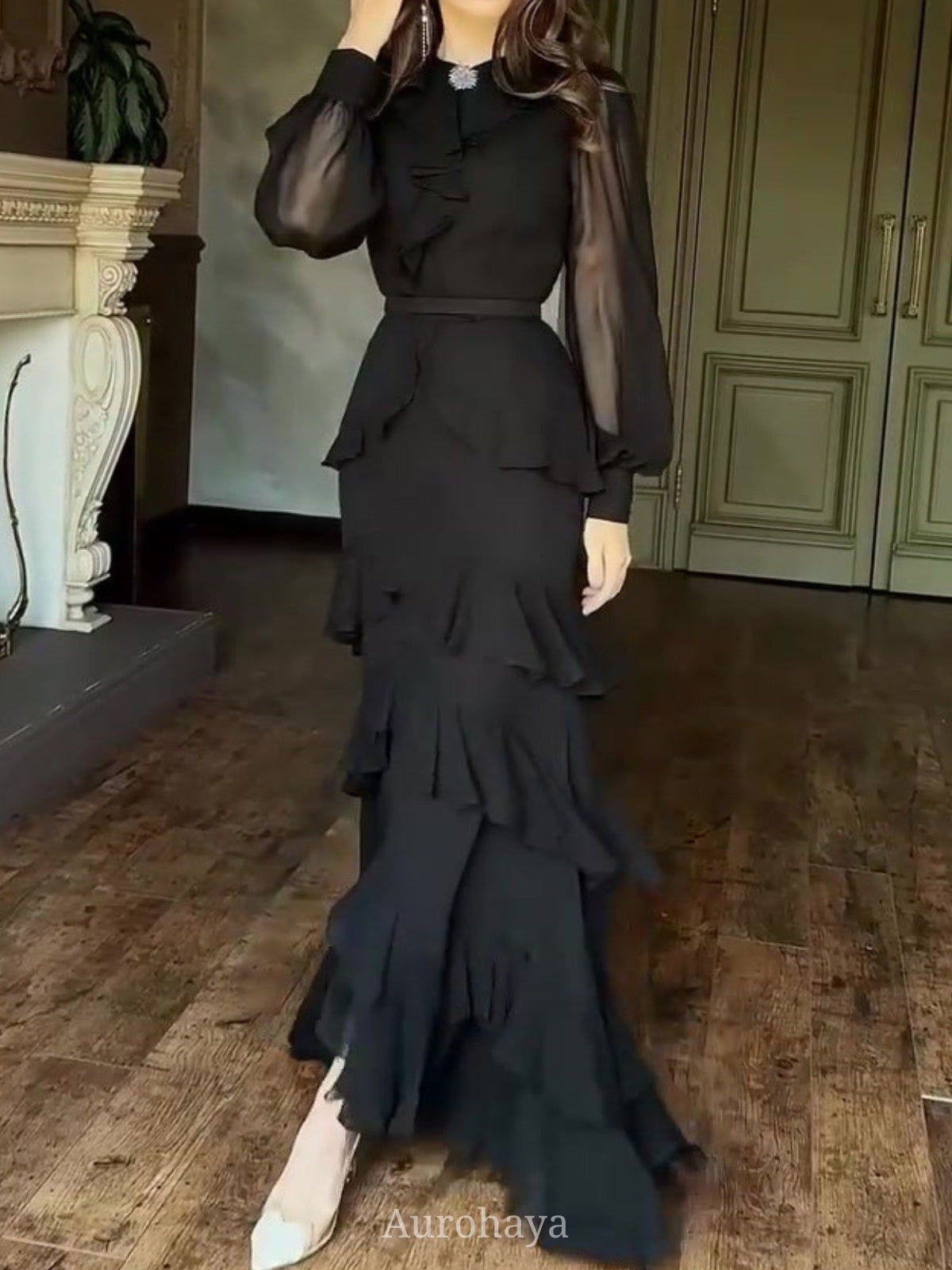 Round Neck Rhinestone Ruffled Chiffon Evening Dress, DES110