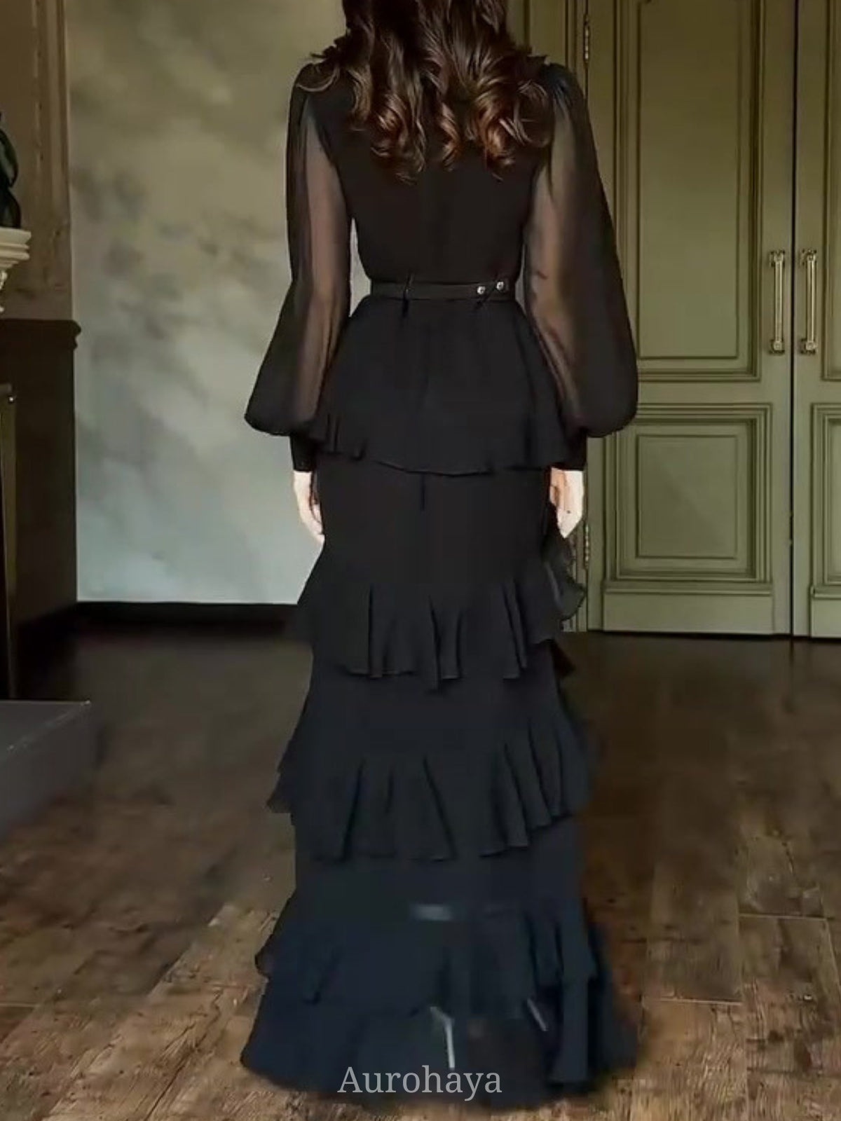 Round Neck Rhinestone Ruffled Chiffon Evening Dress, DES110