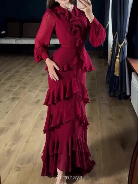 Aurohaya Round Neck Rhinestone Ruffled Chiffon Evening Dress, DES110