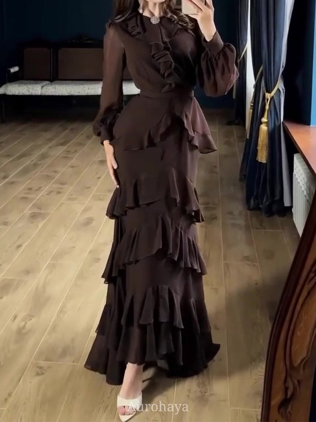 Round Neck Rhinestone Ruffled Chiffon Evening Dress, DES110