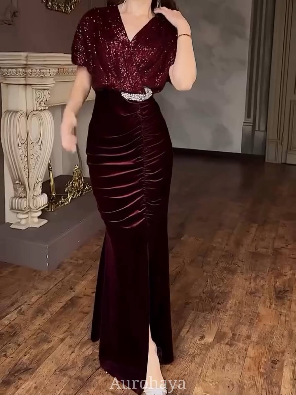 Sequin Wrap V-Neck Party Dress, DES120