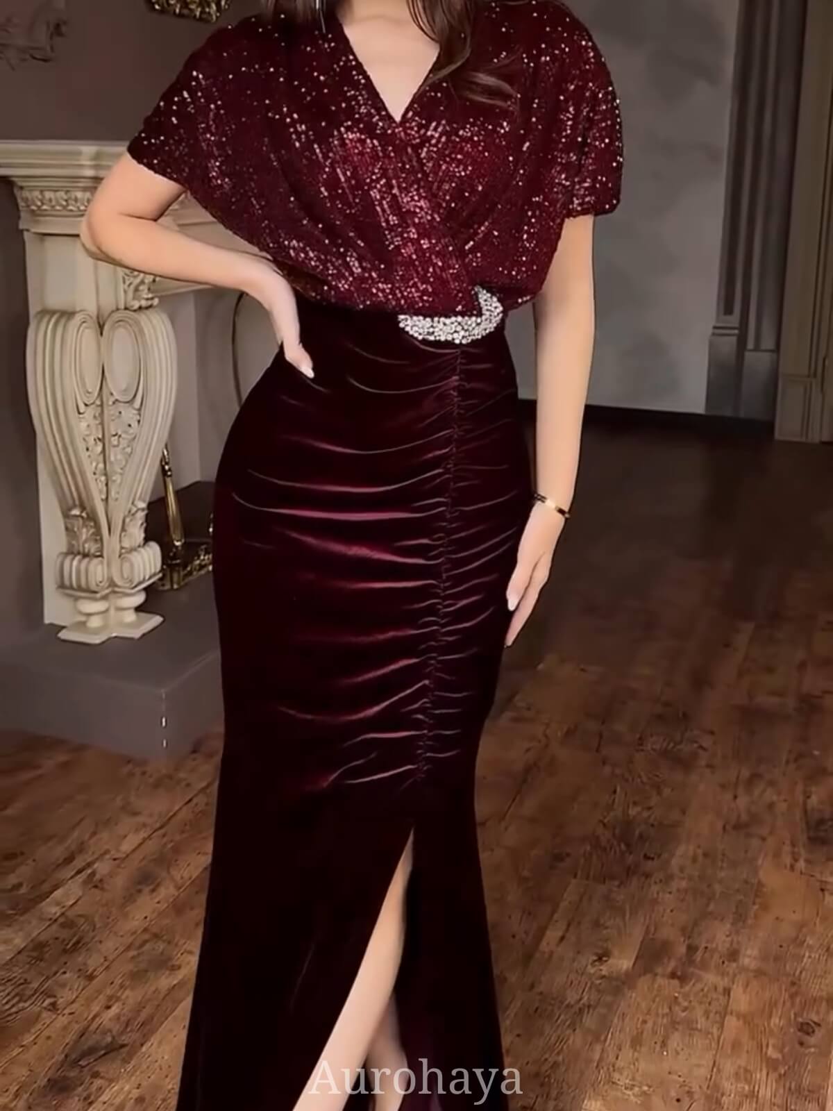 Sequin Wrap V-Neck Party Dress, DES120