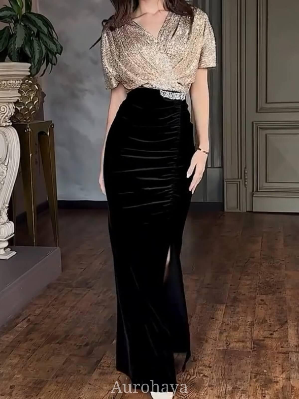 Aurohaya Sequin Wrap V-Neck Party Dress, DES120 Gold