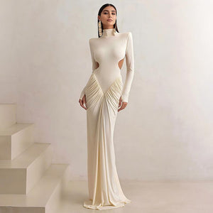 Aurohaya High Neck Backless Maxi Dress Long Solid-Color Evening Gown Apricot