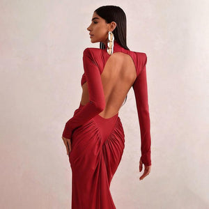 Aurohaya High Neck Backless Maxi Dress Long Solid-Color Evening Gown