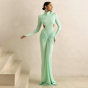 Aurohaya High Neck Backless Maxi Dress Long Solid-Color Evening Gown Light Green