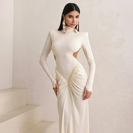 Aurohaya High Neck Backless Maxi Dress Long Solid-Color Evening Gown