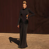 High Neck Backless Maxi Dress Long Solid-Color Evening Gown