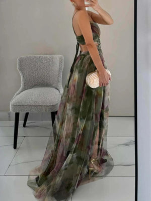 Aurohaya Elegant Painted Floral Print V-Neck A-Line Maxi Dress