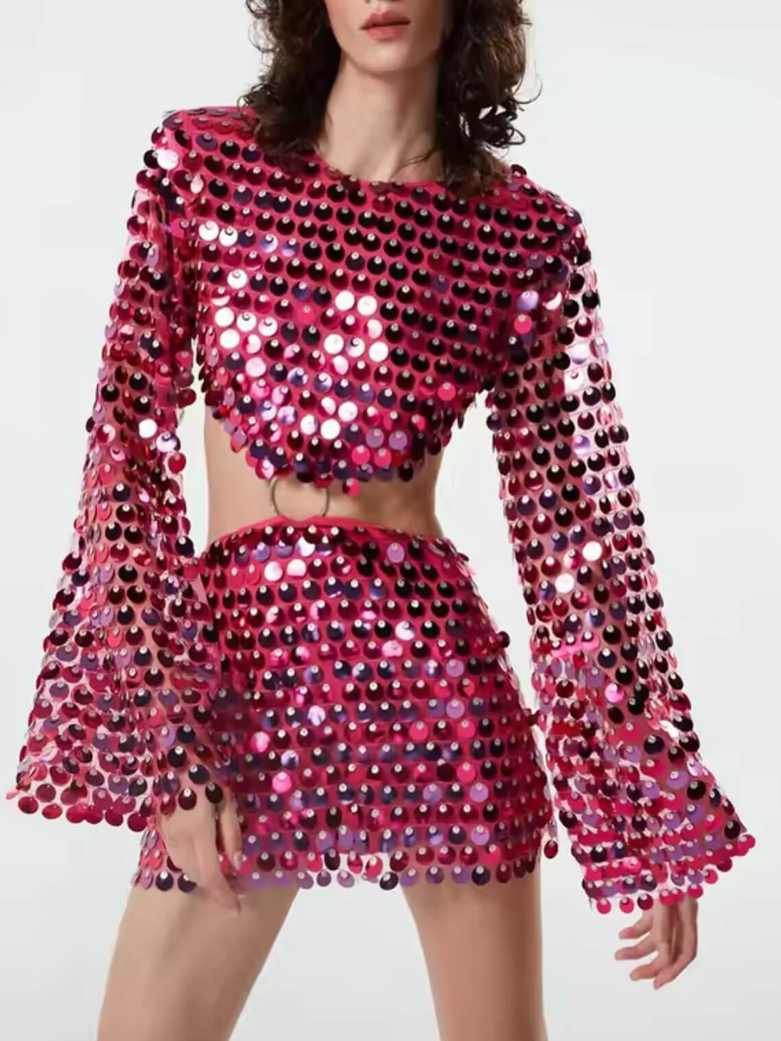 Aurohaya Elegant Sequin Cutout Long Sleeve Mini Dress Red
