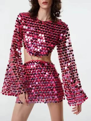 Aurohaya Elegant Sequin Cutout Long Sleeve Mini Dress Red