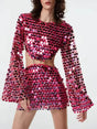 Aurohaya Elegant Sequin Cutout Long Sleeve Mini Dress Red