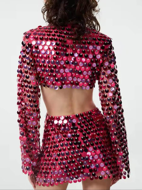 Aurohaya Elegant Sequin Cutout Long Sleeve Mini Dress
