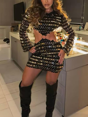 Aurohaya Elegant Sequin Cutout Long Sleeve Mini Dress Black