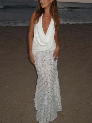 Aurohaya Elegant Deep V Floral Backless Pleated Maxi Dress White