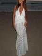 Aurohaya Elegant Deep V Floral Backless Pleated Maxi Dress White