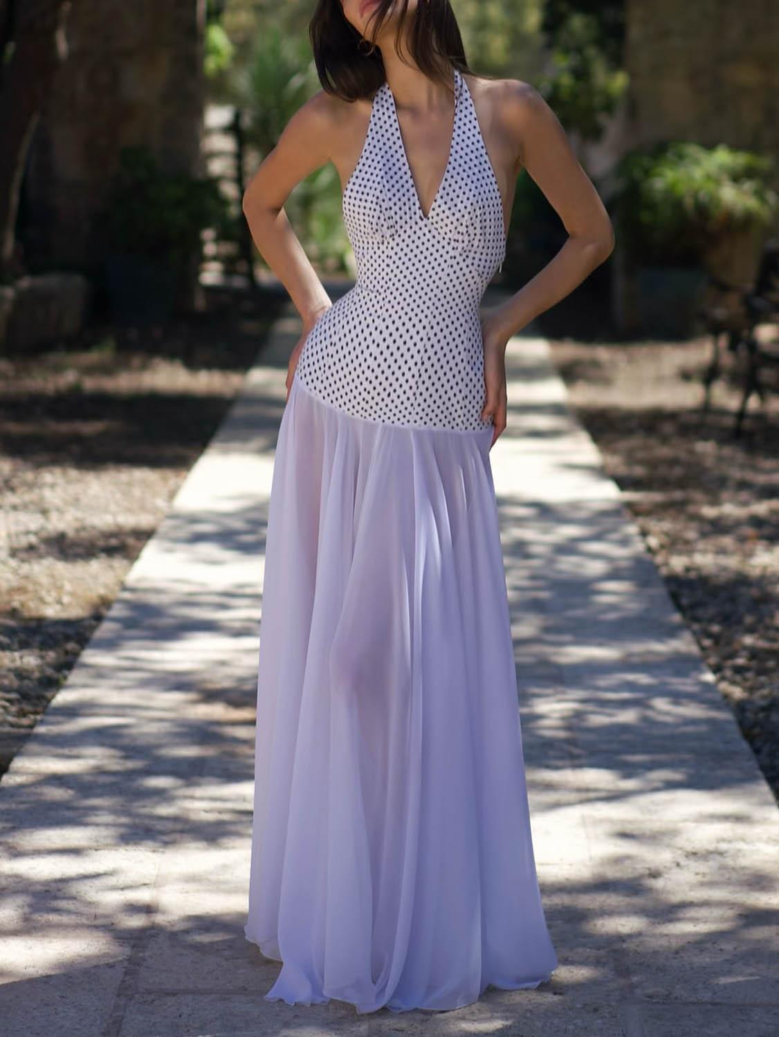 Aurohaya Personalized Polka Dot Print V-neck Maxi Dress White