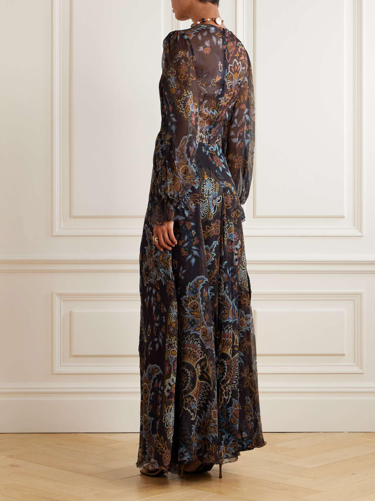 Aurohaya Elegant Pleated Gathered Floral Print Maxi Dress