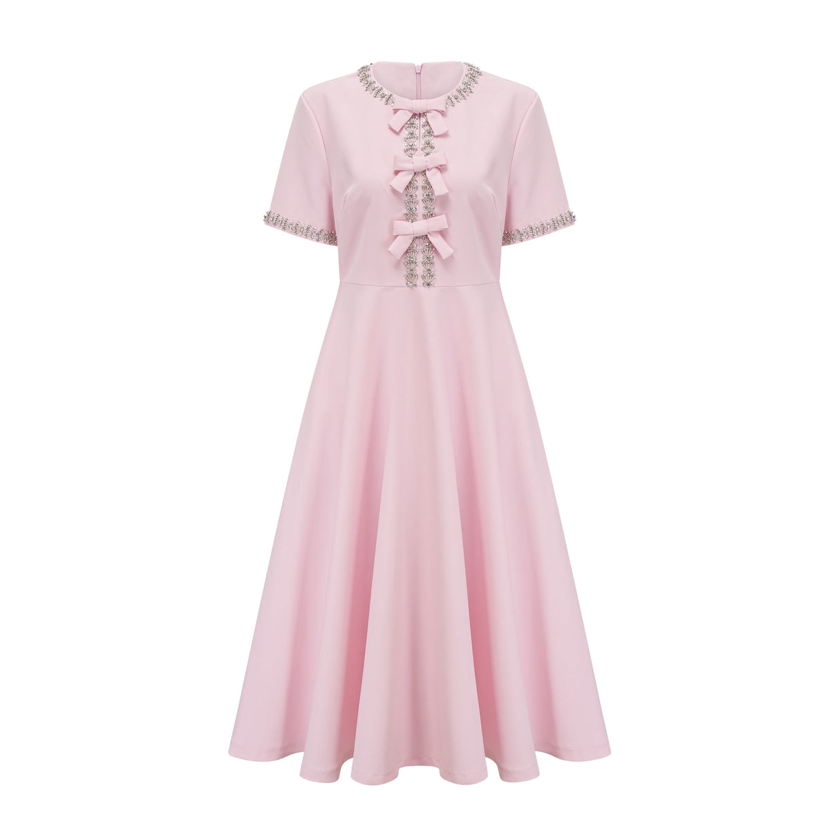 Aurohaya Cassi crystal-accented pink bow midi dress