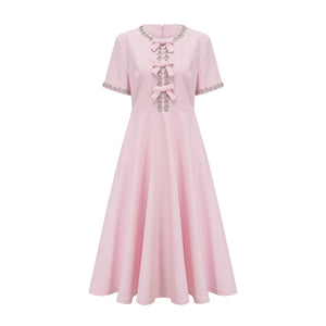 Aurohaya Cassi crystal-accented pink bow midi dress