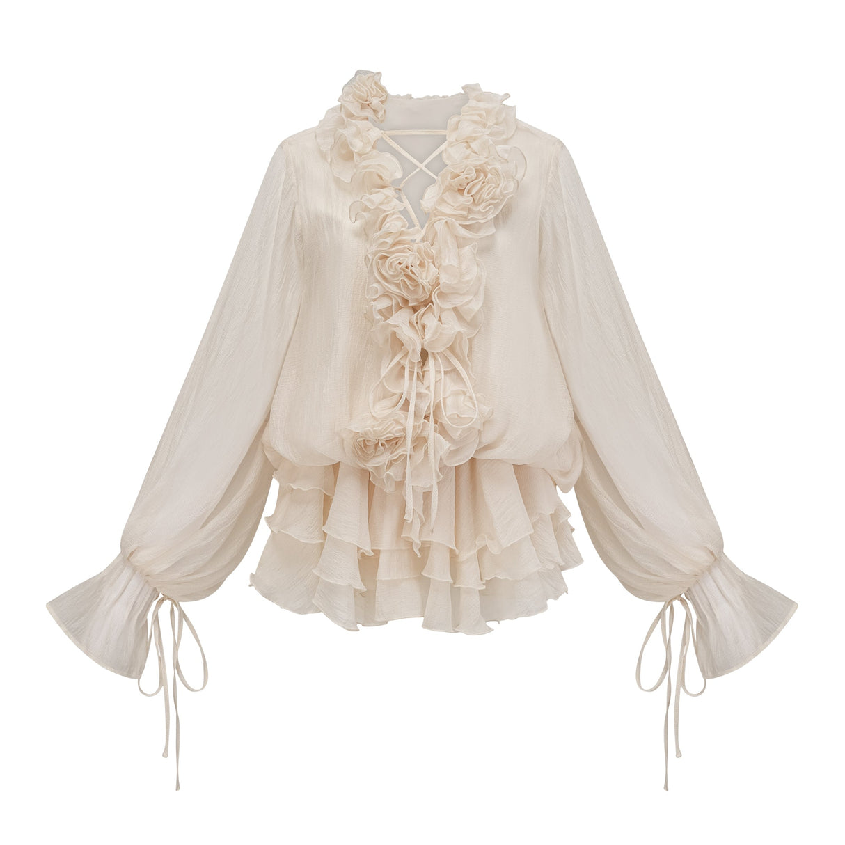 Aurohaya Zéphyrine floral-appliqué tiered mini dress in Neutrals