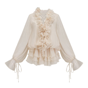 Aurohaya Zéphyrine floral-appliqué tiered mini dress in Neutrals