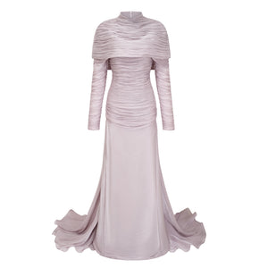 Aurohaya Nerida Silver Turtleneck Ruched Maxi Dress