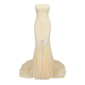 Aurohaya Josiane yellow off-shoulder sheer tulle maxi dress
