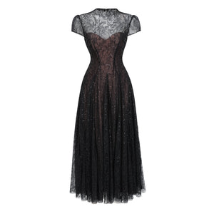 Aurohaya Velia Black Lace Glitter Tulle Maxi Gown