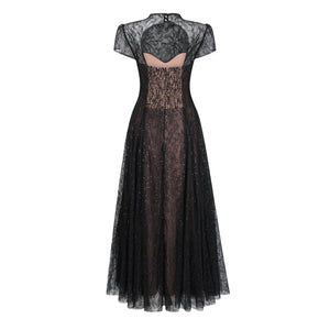 Aurohaya Velia Black Lace Glitter Tulle Maxi Gown