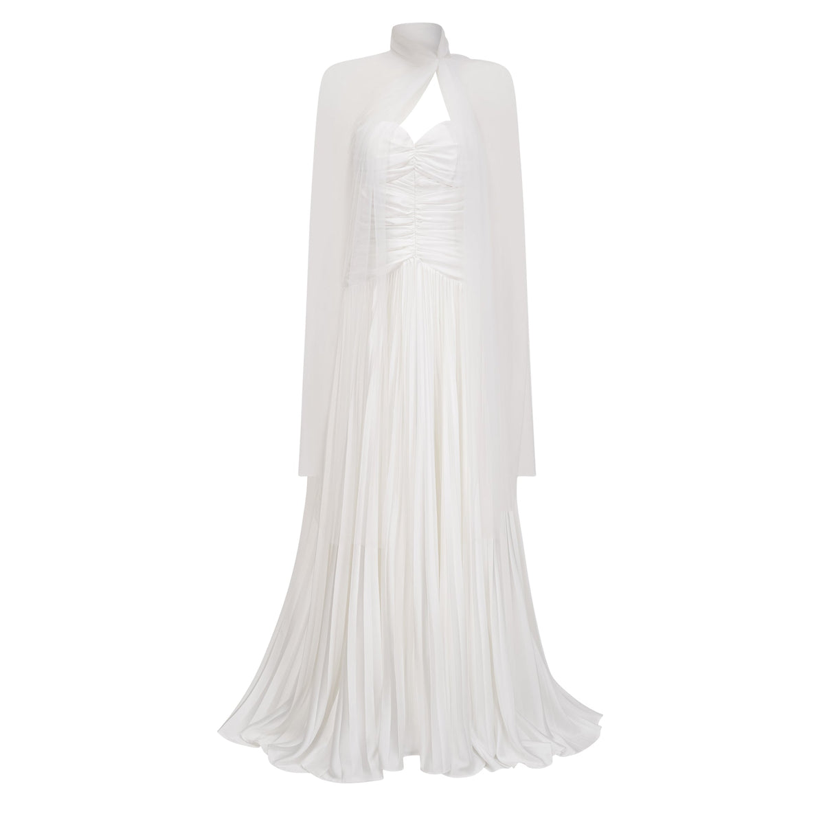 Aurohaya Palesa White Pleated Glossy Maxi Dress & Cape Set