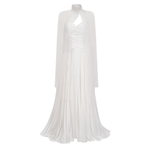 Aurohaya Palesa White Pleated Glossy Maxi Dress & Cape Set