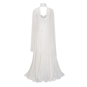 Aurohaya Palesa White Pleated Glossy Maxi Dress & Cape Set