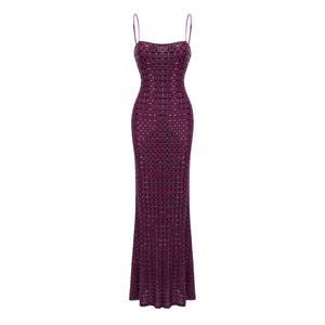 Aurohaya Térébenthine Purple Rhinestone Mesh Maxi Dress