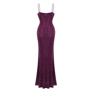 Aurohaya Térébenthine Purple Rhinestone Mesh Maxi Dress