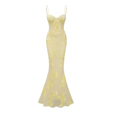 Aurohaya Théoline Yellow Floral Appliqué Corset Maxi Dress
