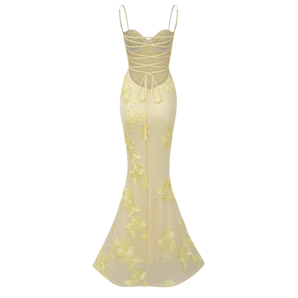 Aurohaya Théoline Yellow Floral Appliqué Corset Maxi Dress