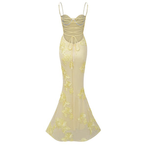 Aurohaya Théoline Yellow Floral Appliqué Corset Maxi Dress