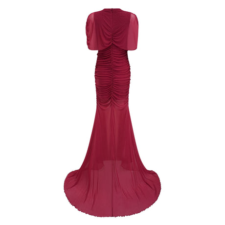Aurohaya Sylphe Red Asymmetrical Ruched Mesh Maxi Dress