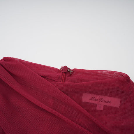 Aurohaya Sylphe Red Asymmetrical Ruched Mesh Maxi Dress