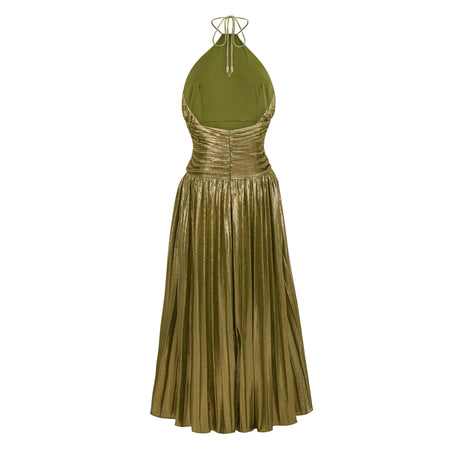 Aurohaya Alchimie Gold Glossy Pleated Maxi Dress