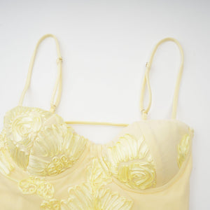 Aurohaya Théoline Yellow Floral Appliqué Corset Maxi Dress