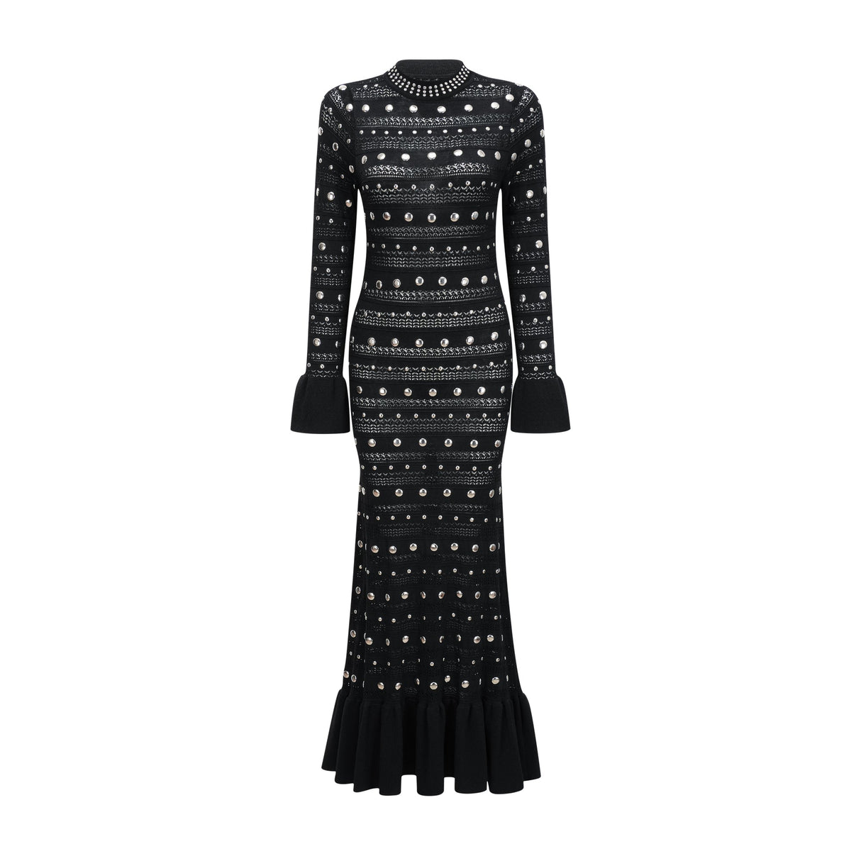 Aurohaya Chloé Black Long Sleeve Studded Crochet Knit Midi dress